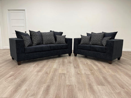 Hollywood Black Velvet Upholstered Sofa and Loveseat set front angle