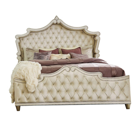 Antonella Tufted Upholstered Queen Bed Ivory and Camel angled view