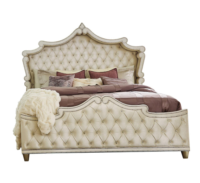 Antonella Tufted Upholstered Queen Bed Ivory and Camel angled view