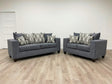 Steel gray fabric upholstered sofa front angle