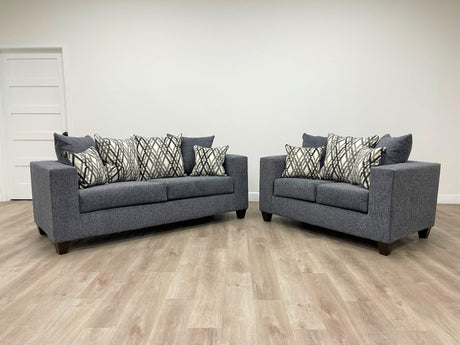 Steel gray fabric upholstered sofa front angle