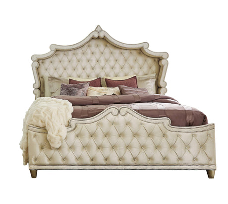Antonella Upholstered Tufted Eastern King Bed Ivory and Camel - Front view