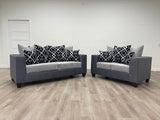 Front view of Monroe gray fabric sofa and loveseat set