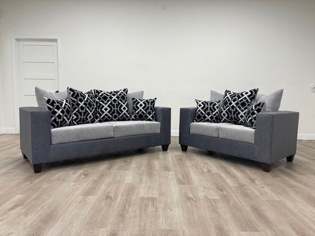 Front view of Monroe gray fabric sofa and loveseat set