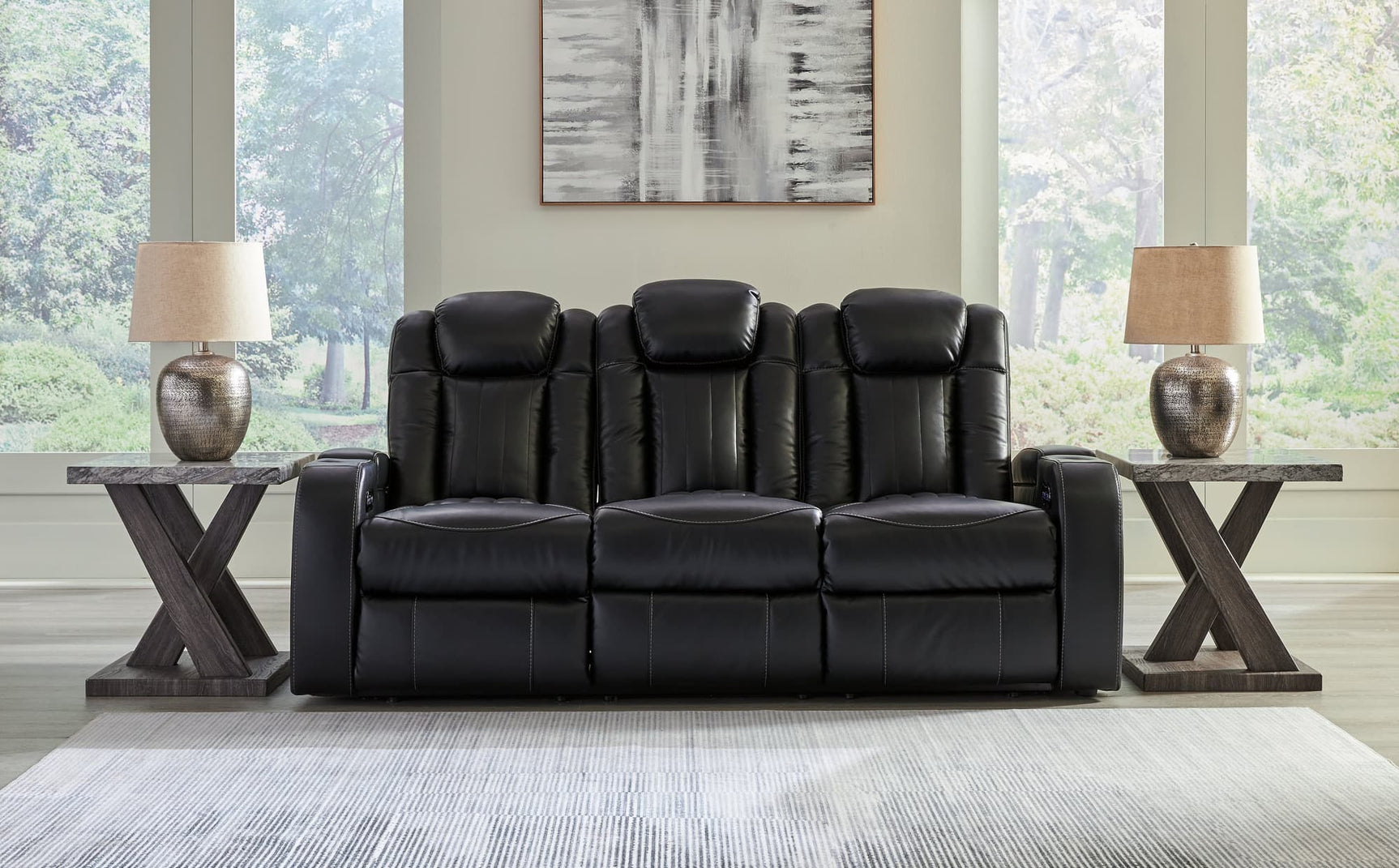 Caveman Den Midnight Faux Leather Power Reclining Sofa front view