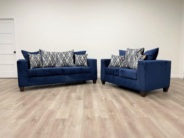 Dora blue chenille velvet upholstered living room sofa and loveseat set front view