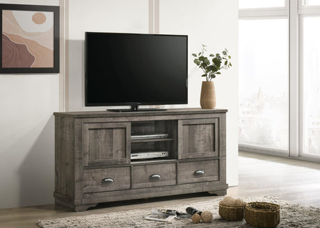 Coralee Gray Modern TV Stand front view with storage doors