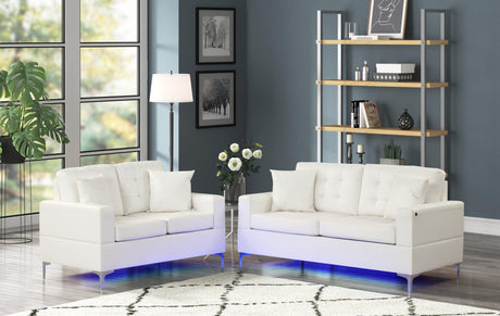 Miami White Faux Leather Tufted 2-Piece Sofa and Loveseat Set with LED Lights front view
