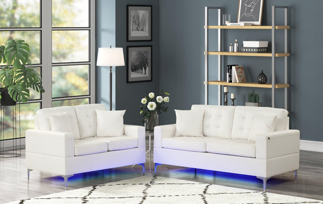Miami White Faux Leather Tufted 2-Piece Sofa and Loveseat Set with LED Lights front view