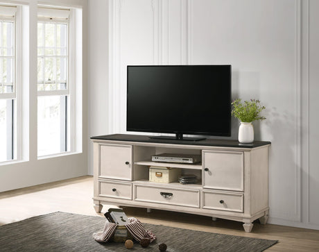 Sawyer TV Stand with antique white and brown two-toned finish and decorative molding, front view