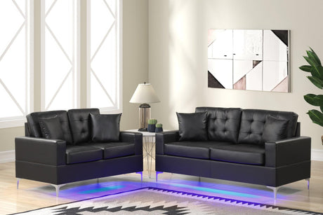 Miami black tufted faux leather sofa and loveseat set with LED lighting from front angle