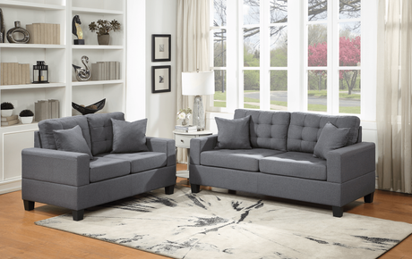 Gray linen tufted 2-piece sofa and loveseat set front view