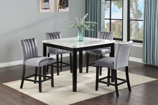 Front view of Pascal white and gray faux marble counter-height dining table with velvet chairs