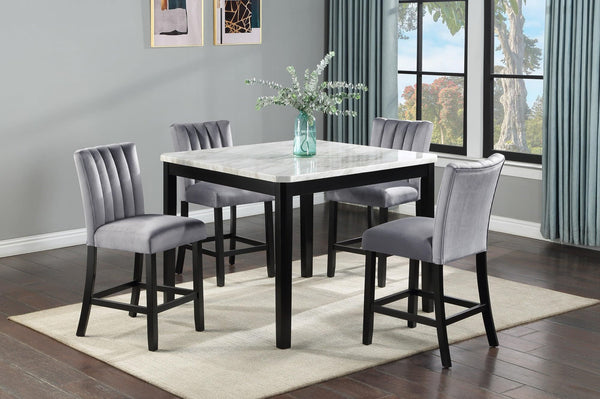 Front view of Pascal white and gray faux marble counter-height dining table with velvet chairs