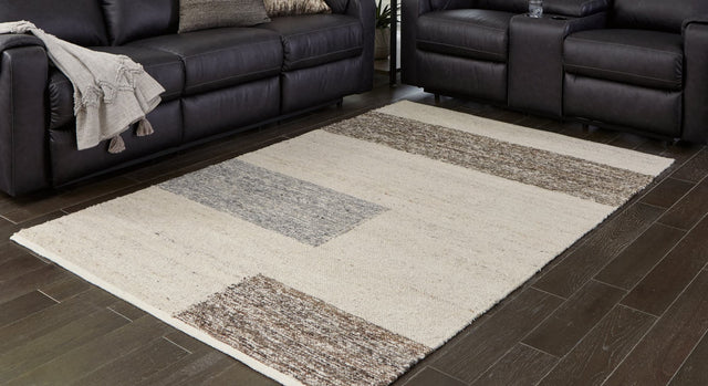 Barus 5x7 beige brown gray handwoven striped rug front view