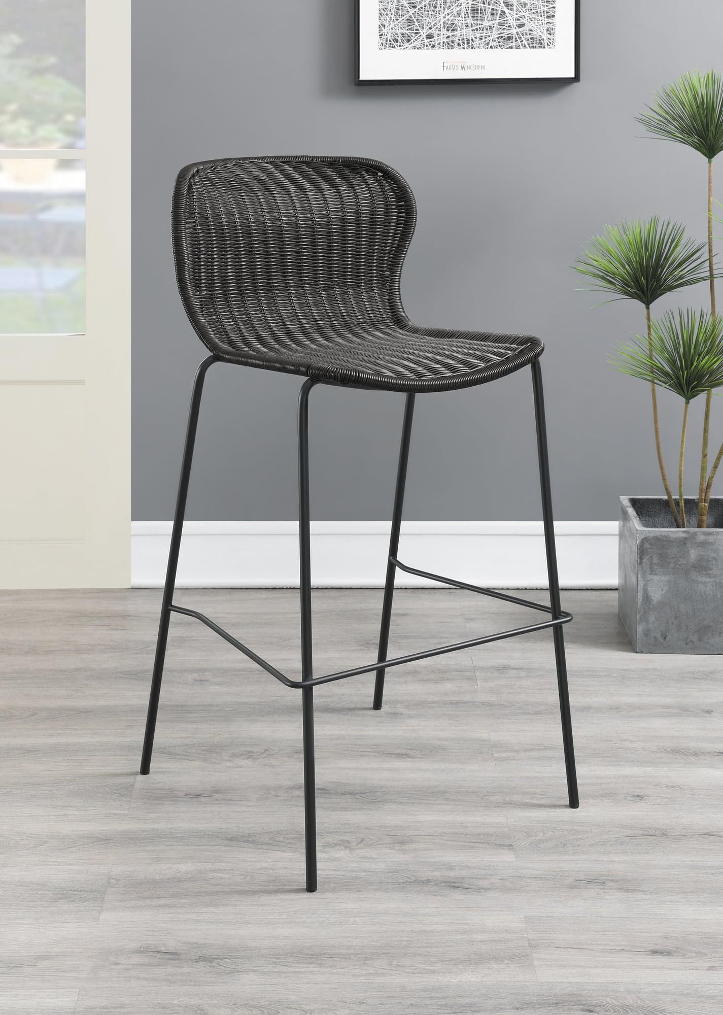 McKinley Upholstered Bar Stool front view brown upholstered seat and sandy black legs