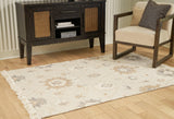 Calkin 5x7 linen gray caramel floral rug front view
