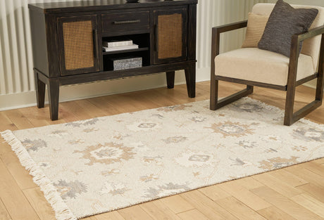 Calkin 5x7 linen gray caramel floral rug front view