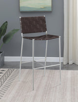Adelaide upholstered bar stool side view showing brown leatherette and chrome legs
