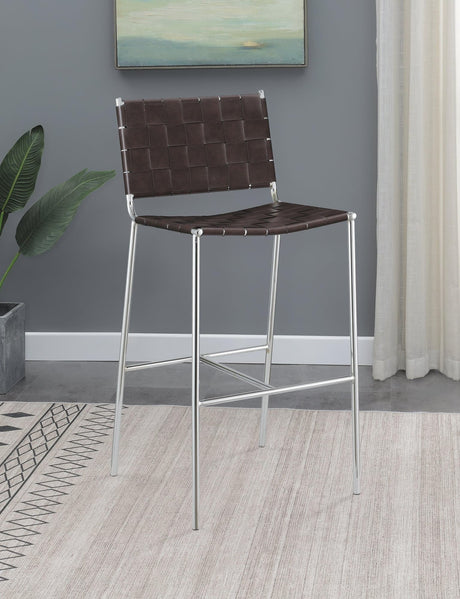 Adelaide upholstered bar stool side view showing brown leatherette and chrome legs