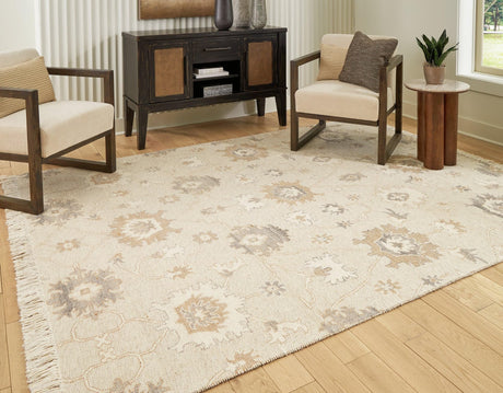 Calkin 8x10 rug in linen gray and caramel viewed flat