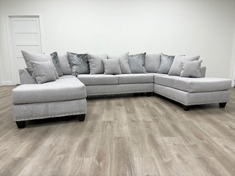 Dove sectional sofa velvet fabric silver nailhead trim metal legs front angle