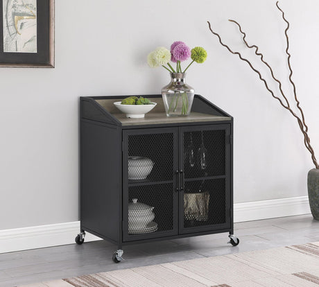 Arlette Wine Cabinet front view showing wire mesh doors and grey wash top