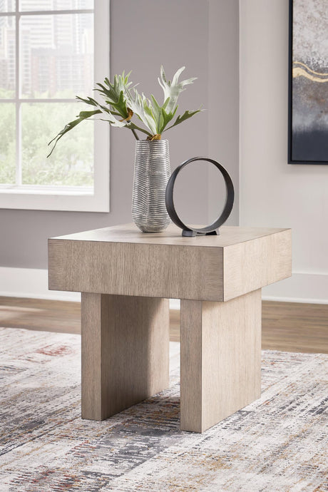 Jorlaina Light Grayish Brown End Table front angle view