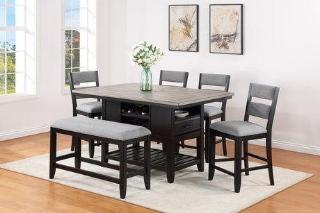 front view of Frey black and gray fabric rectangular counter height dining table with chairs