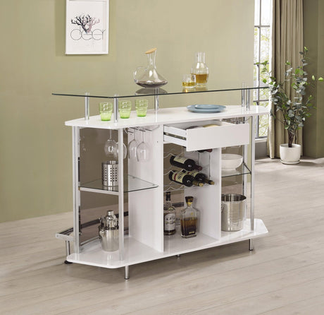 Gideon Crescent Shaped Glass Top Bar Unit with Drawer, front view