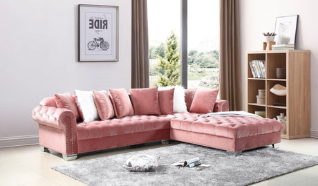 London pink velvet tufted oversized sectional sofa front angle view