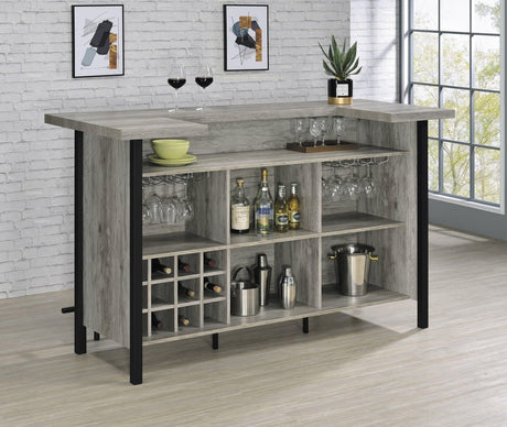 Bellemore bar unit front view with gray driftwood finish and black metal footrest