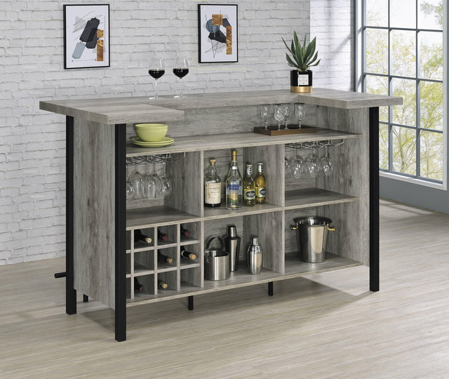 Bellemore bar unit front view with gray driftwood finish and black metal footrest