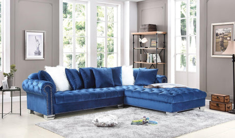 Main view of London Blue Velvet Tufted Oversized Sectional Sofa with metal legs
