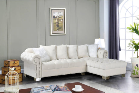 Front view of Royal Beige Velvet Tufted Sectional Sofa with accent pillows