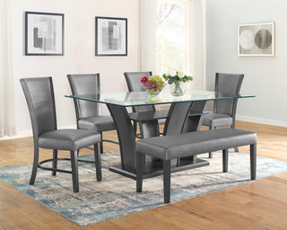 main view of Camelia Gray Glass Dining Room Set with faux leather chairs