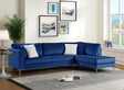 Catalina blue velvet sectional sofa with gold metal legs front view