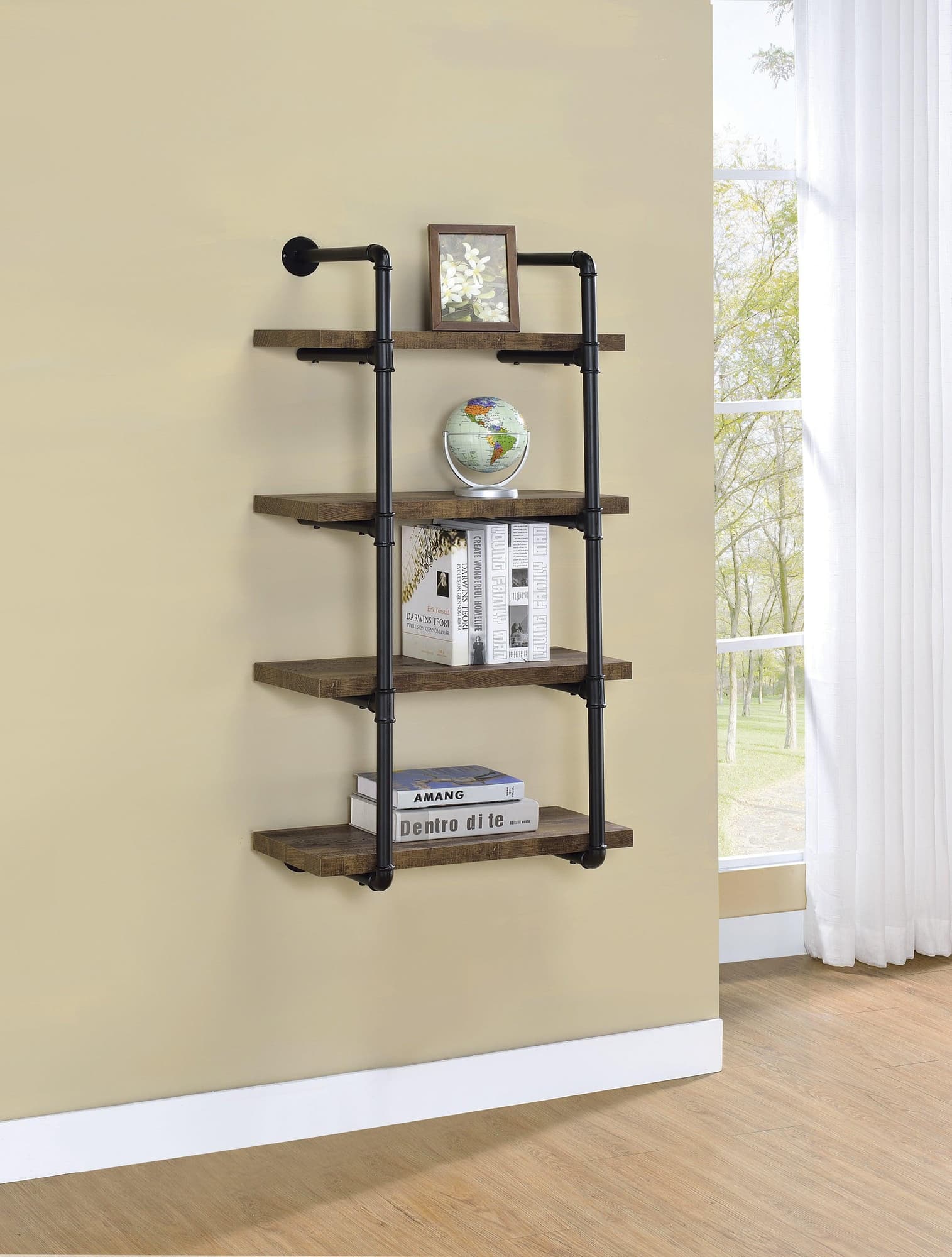 Elmcrest 24-Inch Wall Shelf Black and Rustic Oak angled front view