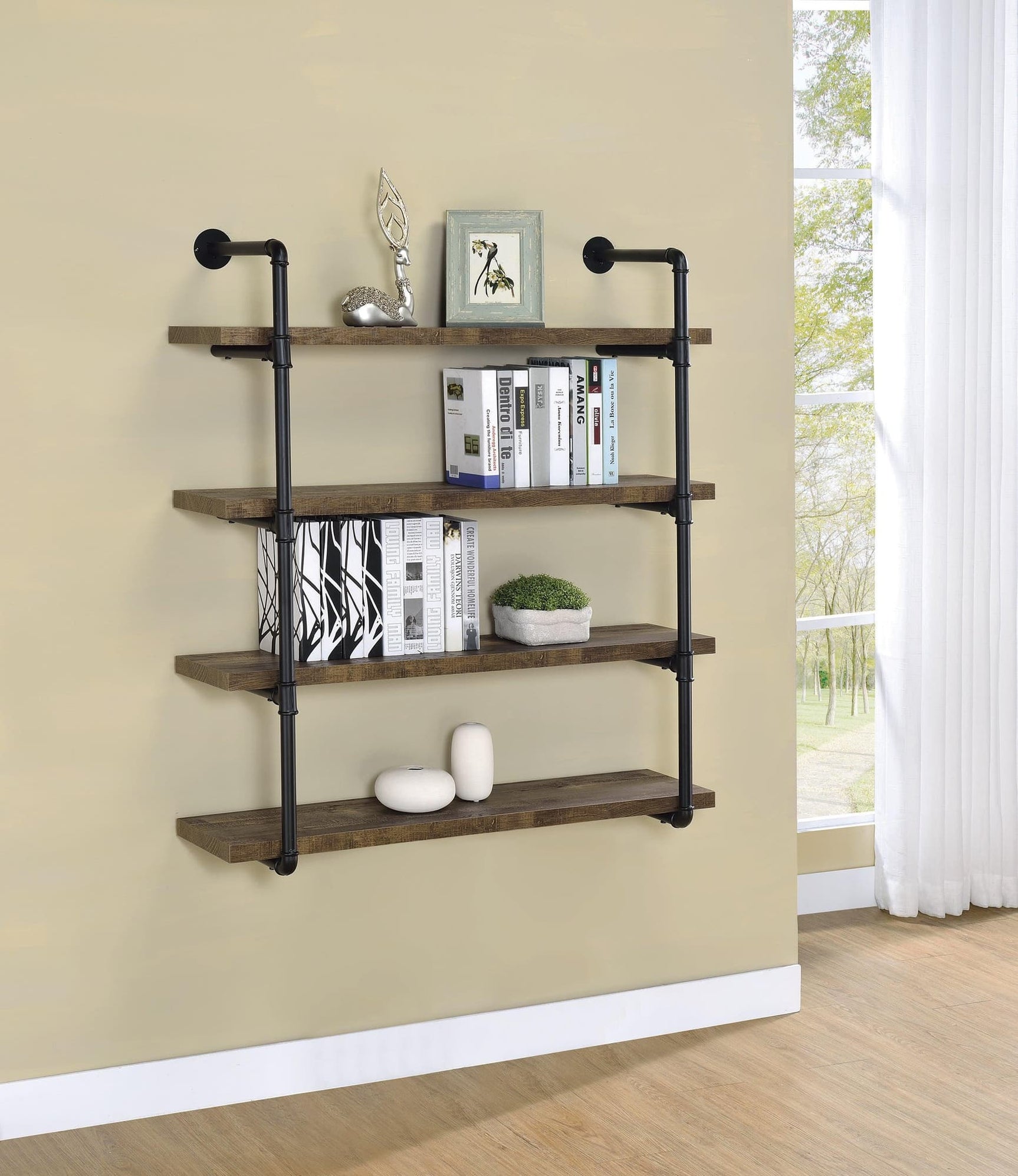 Elmcrest 40-Inch Wall Shelf in black and rustic oak showing front angle