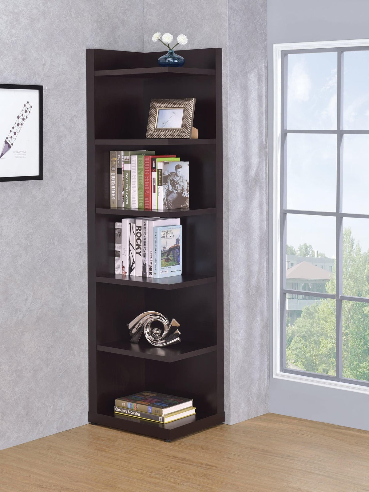 Pinckard 6-Tier Cappuccino Corner Bookcase front view