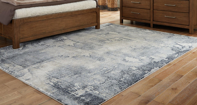 Langrich Blue gray cream 5'3" x 7'3" area rug flat lay
