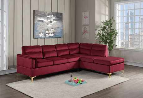 Vogue Red Velvet Sectional Sofa with Gold Metal Legs front view
