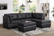 main view of Sienna black vinyl tufted sectional sofa with ottoman from front angle