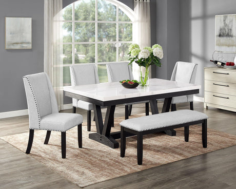 Varley Vance dining set main view showing white marble top table and upholstered chairs