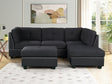 front view of Sienna black linen tufted sectional sofa with ottoman
