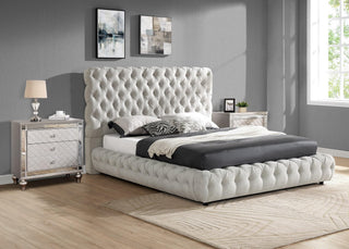 Flory Dove Gray Velvet Tufted Upholstered Queen Bed, front angle