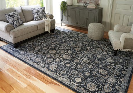 Hilcott traditional blue cream brown floral rug wide view
