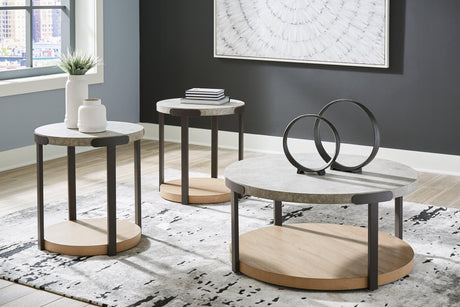 Darthurst Light Brown Round Coffee Table with metal frame and caster wheels