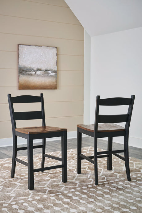 Valebeck black and brown counter height barstool front angle