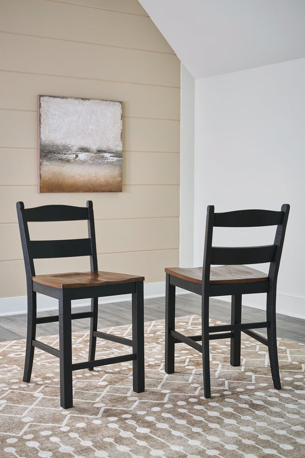 Valebeck black and brown counter height barstool front angle